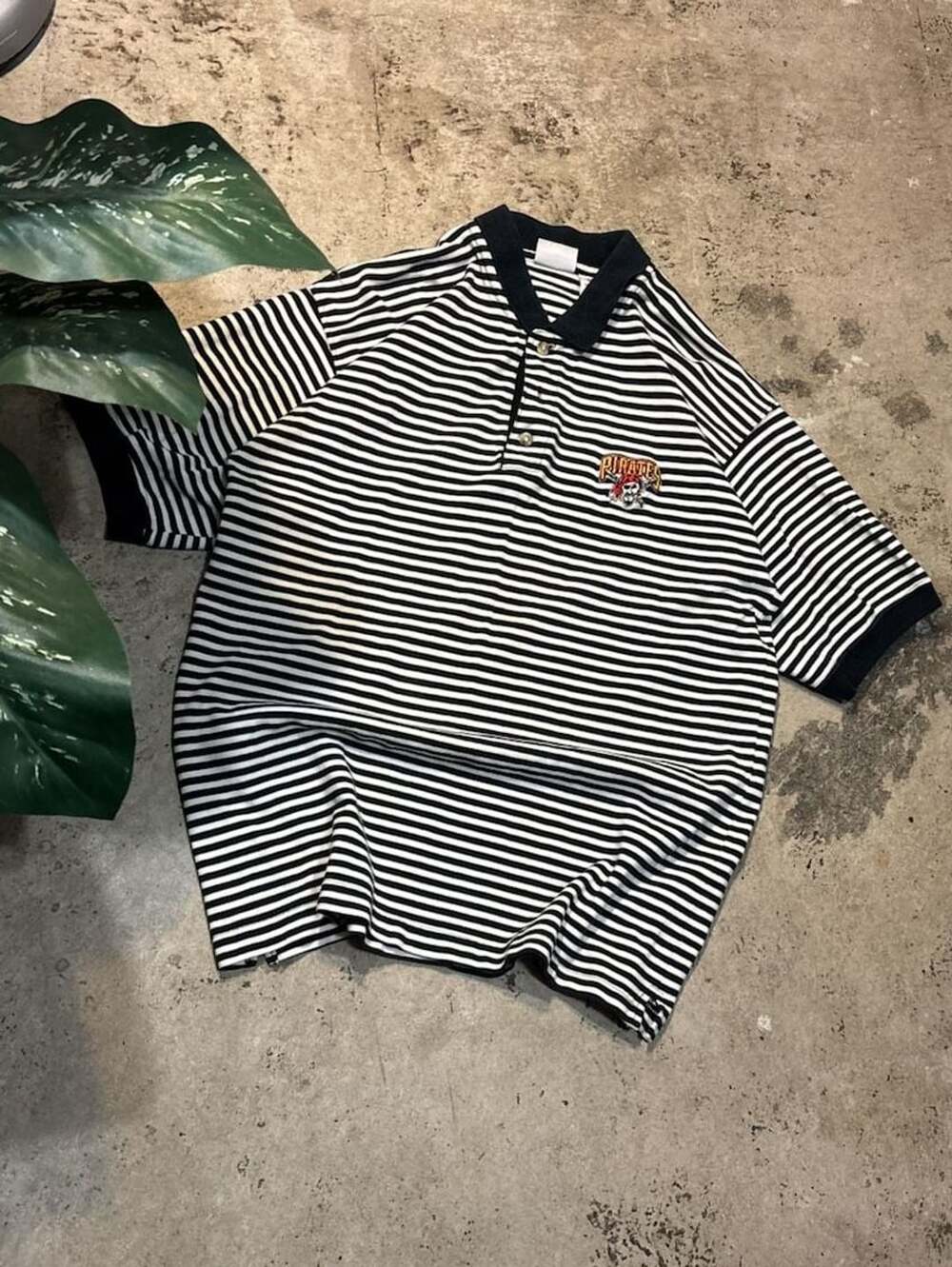 Pro Edge Striped Polo Shirt Size M Black White Pirates Graphic